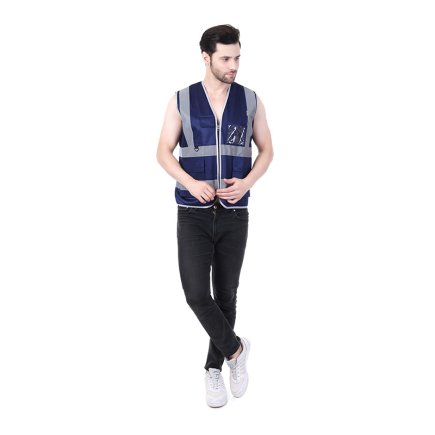 Safety Jacket Navy Blue With Reflective Tape And Utility Features Manufacturers, Suppliers in Goa