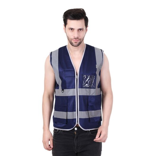 Safety Jacket Navy Blue With Reflective Tape And Utility Features Manufacturers, Suppliers in Goa