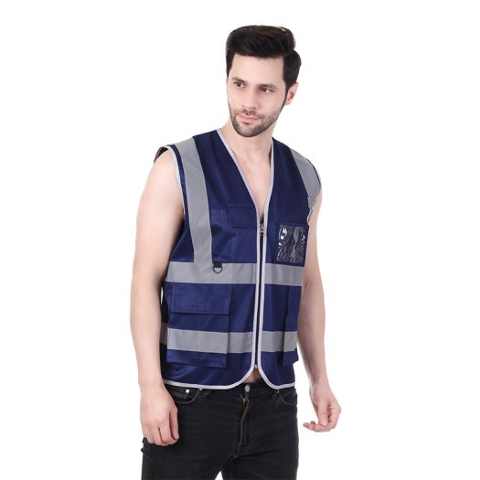 Safety Jacket Navy Blue With Reflective Tape And Utility Features Manufacturers, Suppliers in Goa