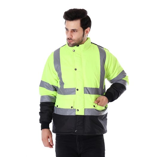 Men Winter Workwear Jacket Green With Reflective Tape And Snap Closure Manufacturers, Suppliers in Tripura