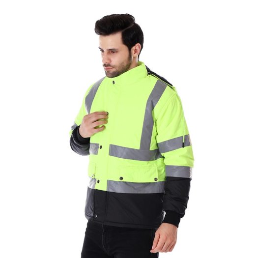 Men Winter Workwear Jacket Green With Reflective Tape And Snap Closure Manufacturers, Suppliers in Tripura